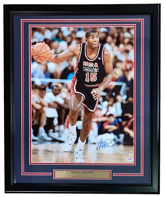 Magic Johnson Signed Framed 16x20 USA Basketball Photo PSA/DNA - Sports Integrity