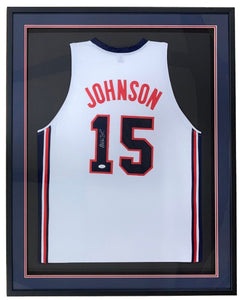 Magic Johnson USA Signed Framed White Basketball Jersey JSA