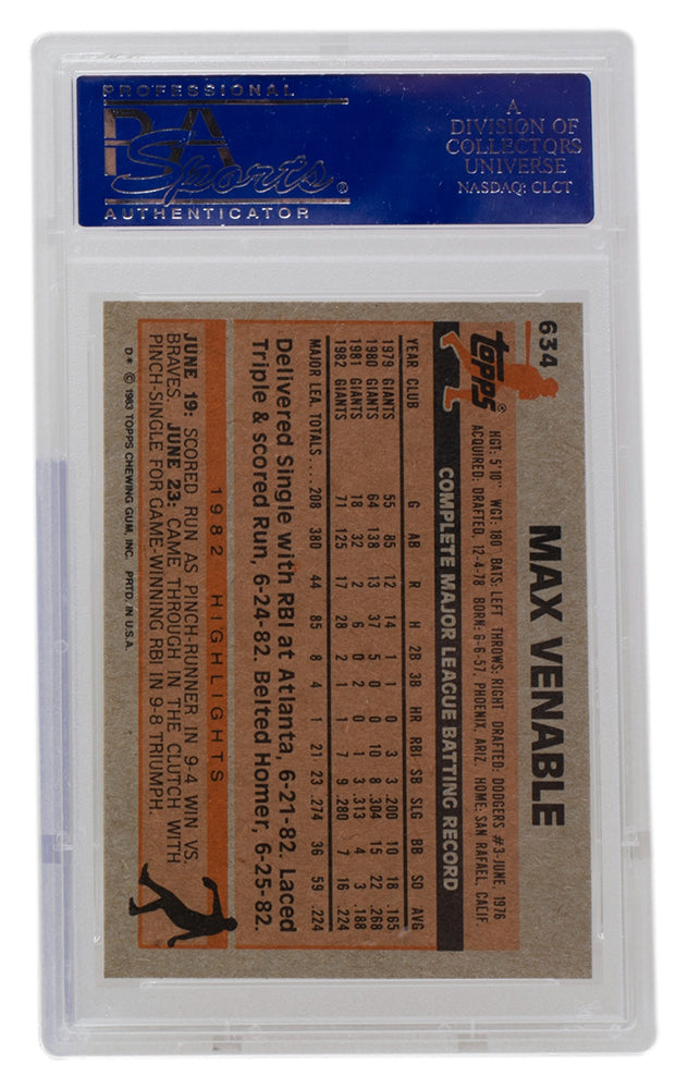 Max Venable 1983 Topps #634 New York Giants Baseball Card PSA/DNA Mint 9