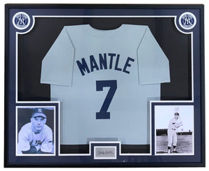 Mickey Mantle New York Framed Gray Baseball Jersey w/ Laser Engraved Signature - Sports Integrity