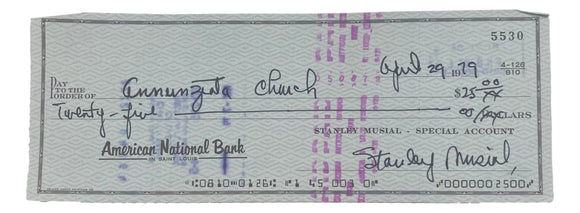 Stan Musial St. Louis Cardinals Signed Bank Check #5530 BAS - Sports Integrity