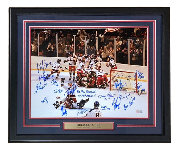 1980 USA Hockey (18) Signed Framed 16x20 Miracle On Ice Photo Do You Believe BAS