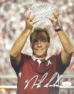 Nick Saban Signed 8x10 Alabama Crimson Tide Trophy Photo JSA