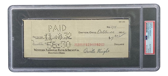 Orville Wright Signed Slabbed Bank Check PSA/DNA 85200380 - Sports Integrity