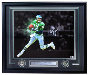 Randall Cunningham Signed Frame 16x20 Philadelphia Eagles Green Jersey Photo BAS