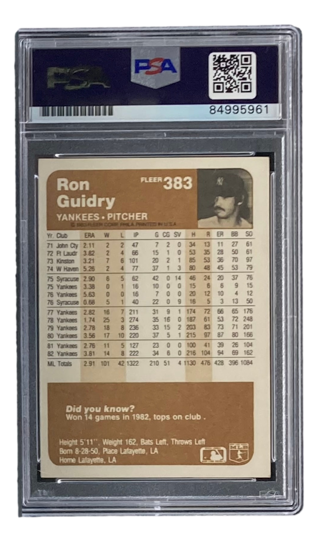 Ron Guidry Signed New York Yankees 1983 Fleer #383 Trading Card PSA/DNA Gem MT 10