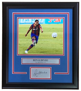 Ronaldinho Framed 8x10 Barcelona Soccer Photo w/ Laser Engraved Signature - Sports Integrity