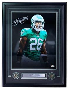 Saquon Barkley Signed Framed 16x20 Philadelphia Eagles Kelly Green Photo BAS ITP - Sports Integrity