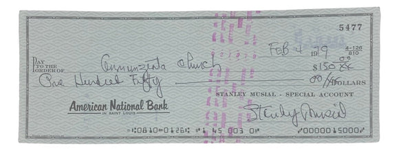 Stan Musial St. Louis Cardinals Signed Bank Check #5477 BAS - Sports Integrity