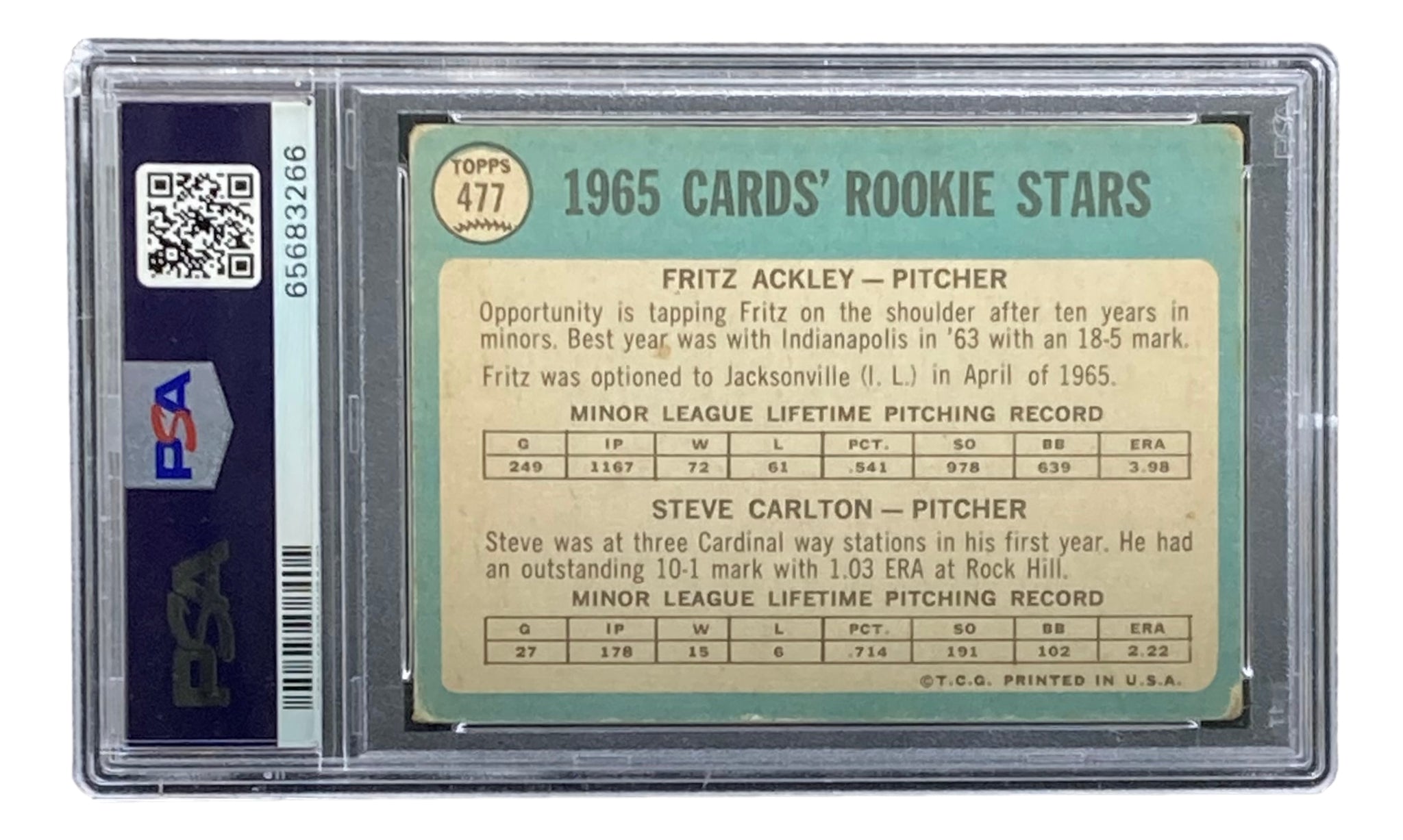Steve Carlton Signed Cardinals 1965 Topps #477 Rookie Card PSA/DNA VG