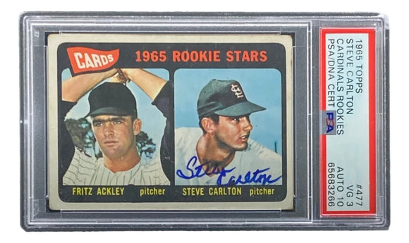 Steve Carlton Signed Cardinals 1965 Topps #477 Rookie Card PSA/DNA VG 3 Auto 10 - Sports Integrity