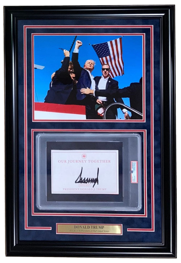 Donald Trump Signed Framed Book Insert w/ 11x14 Assassination July 13 Photo PSA