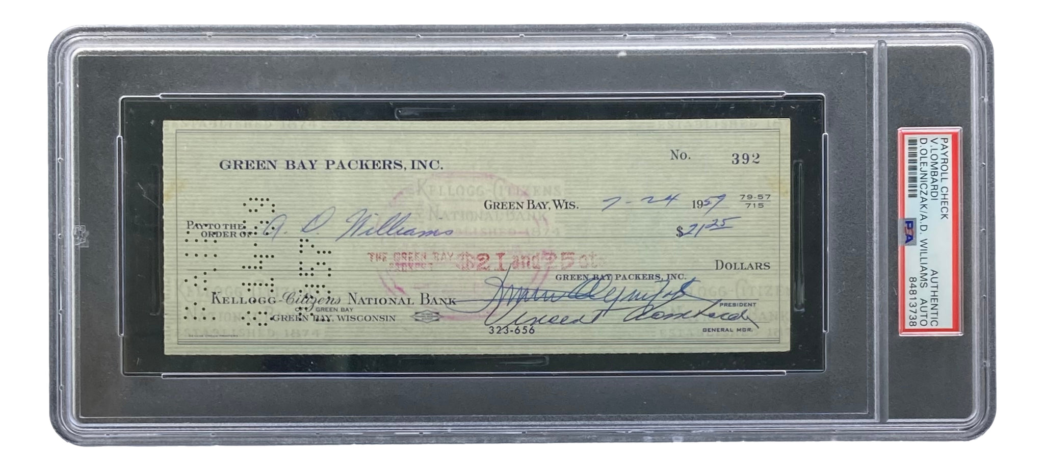 Vince Lombardi Signed Green Bay Packers 1959 Payroll Check #392