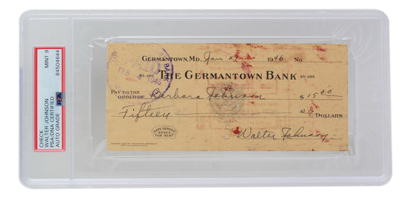 Walter Johnson Washington Senators Signed 1946 Bank Check PSA/DNA Auto Mint 9